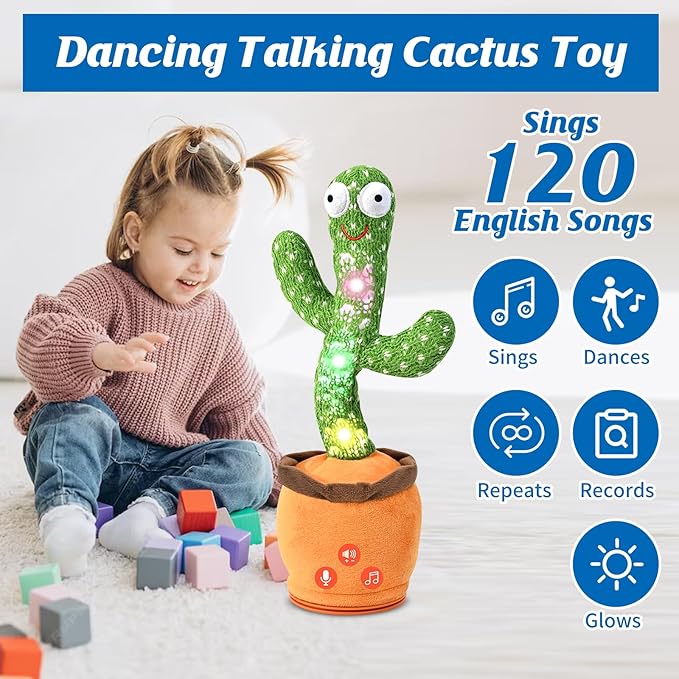 Dancing Talking Cactus Toy for Baby Toddler, Boys Girls Gifts Singing Mimicking Cactus Toy Recording Repeating What You Say Cactus Baby Toy with 120 English Songs