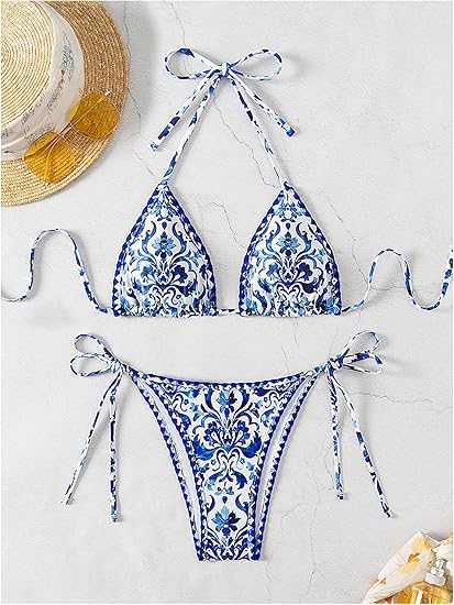 Milumia Women's Two Piece Bikini Set Floral Paisley Halter String Triangle