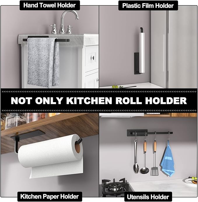 Paper Towel Holder - Self-Adhesive or Drilling, Matte Black, Upgraded Aluminum Kitchen Roll Dispenser Under Cabinet