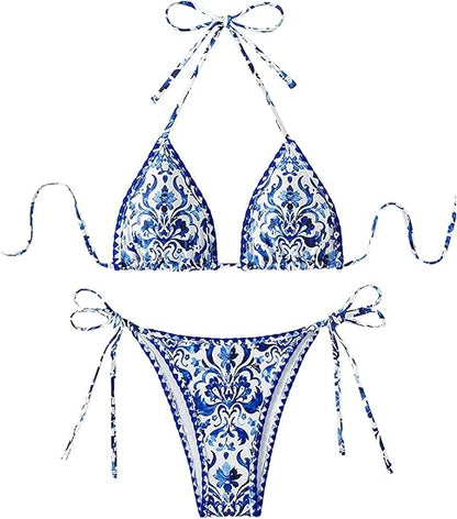 Milumia Women's Two Piece Bikini Set Floral Paisley Halter String Triangle