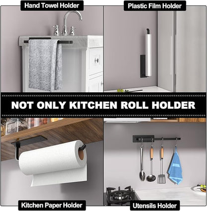 Paper Towel Holder - Self-Adhesive or Drilling, Matte Black, Upgraded Aluminum Kitchen Roll Dispenser Under Cabinet