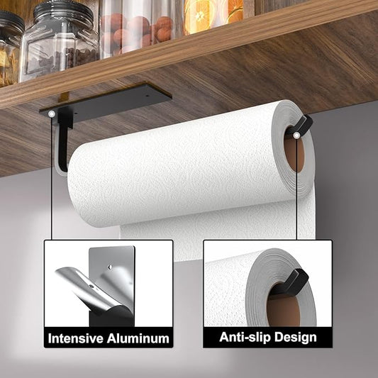 Paper Towel Holder - Self-Adhesive or Drilling, Matte Black, Upgraded Aluminum Kitchen Roll Dispenser Under Cabinet