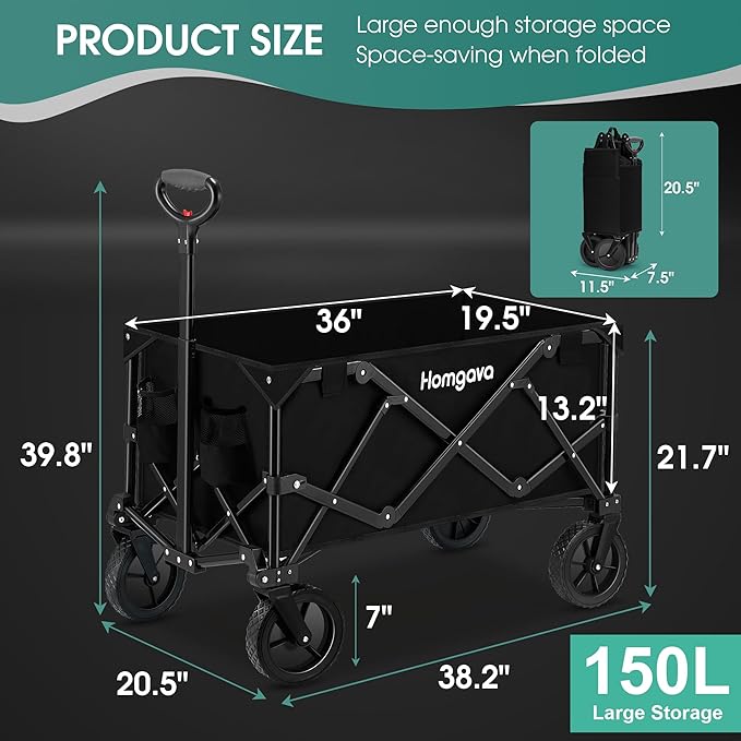 Collapsible Folding Wagon Cart 150L,Heavy Duty Garden Cart with All Terrain Wheels