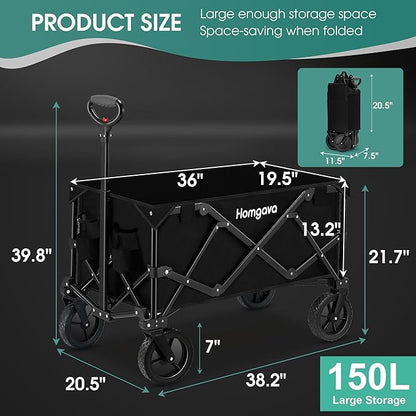 Collapsible Folding Wagon Cart 150L,Heavy Duty Garden Cart with All Terrain Wheels