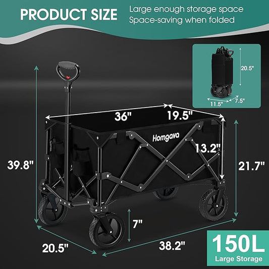 Collapsible Folding Wagon Cart 150L,Heavy Duty Garden Cart with All Terrain Wheels